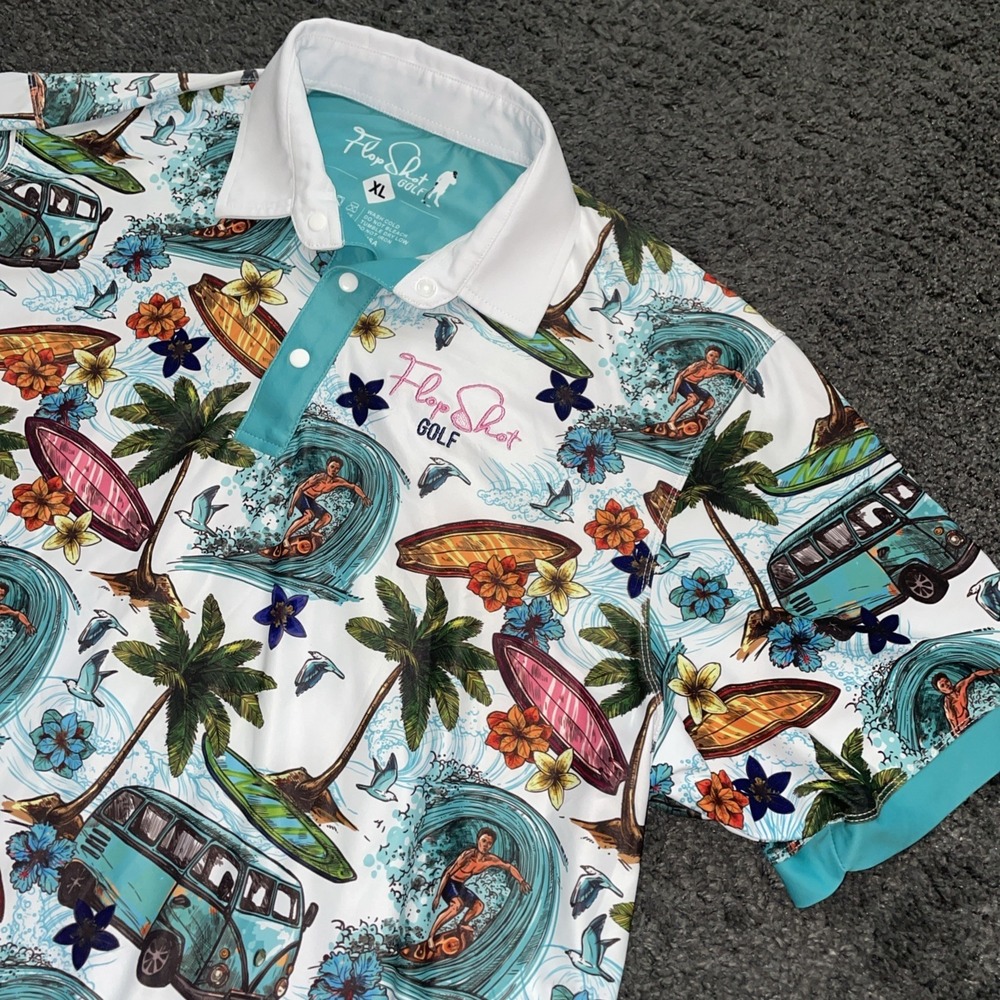 Flop Shot Golf XL Performance Polo Shirt Surfs Floral Cali theme. Perfect!